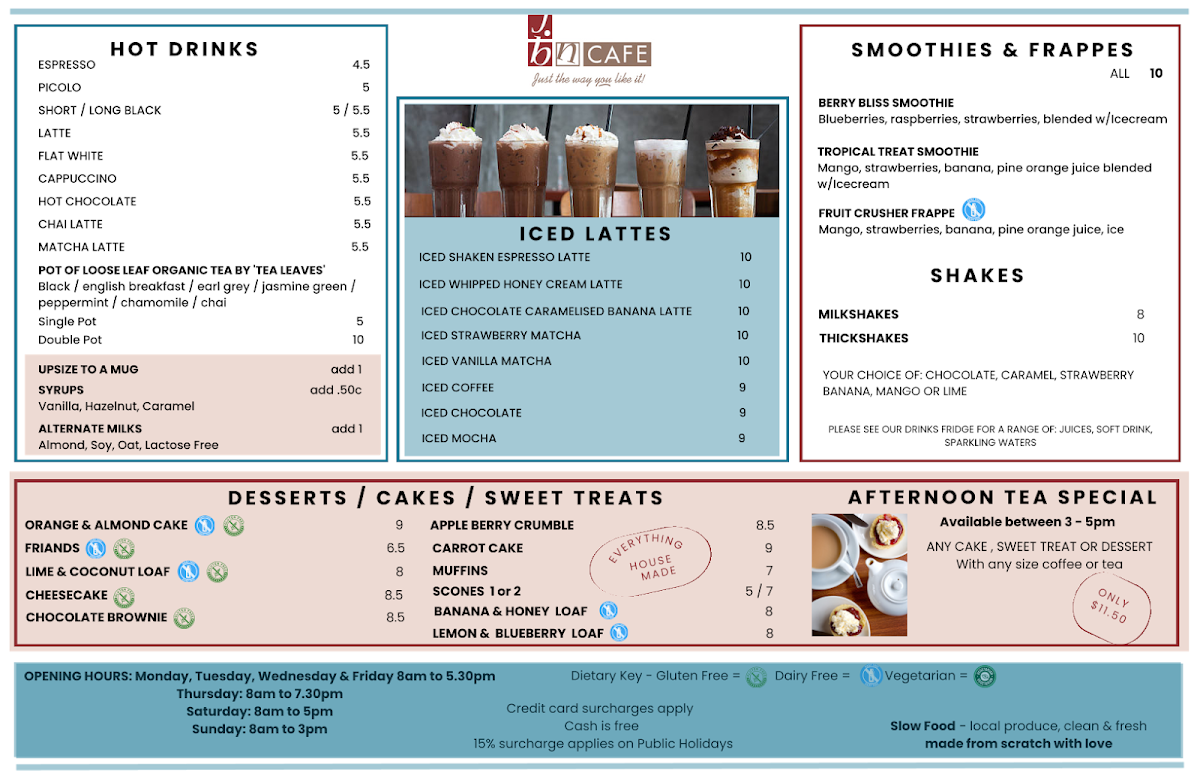 Menu, JBN Cafe