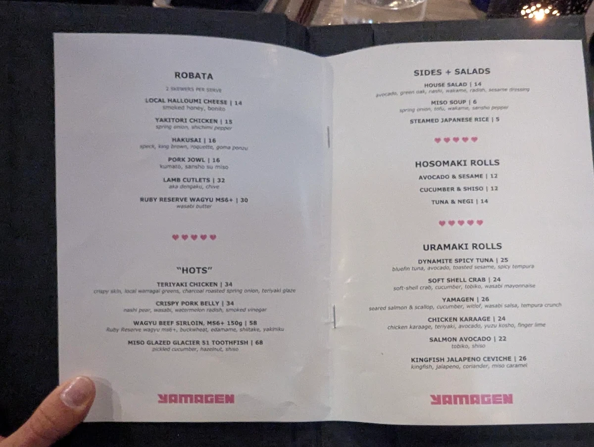 Menu, Yamagen Japanese Restaurant