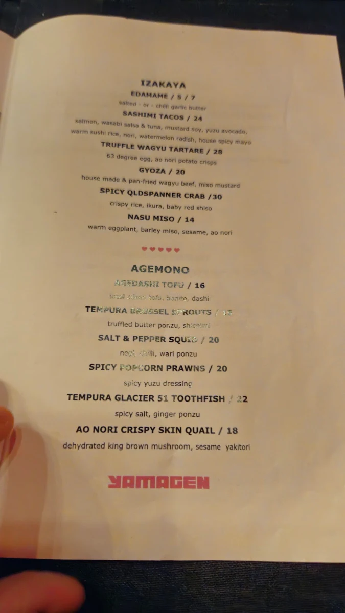Menu, Yamagen Japanese Restaurant