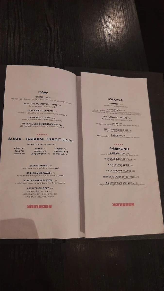 Menu, Yamagen Japanese Restaurant