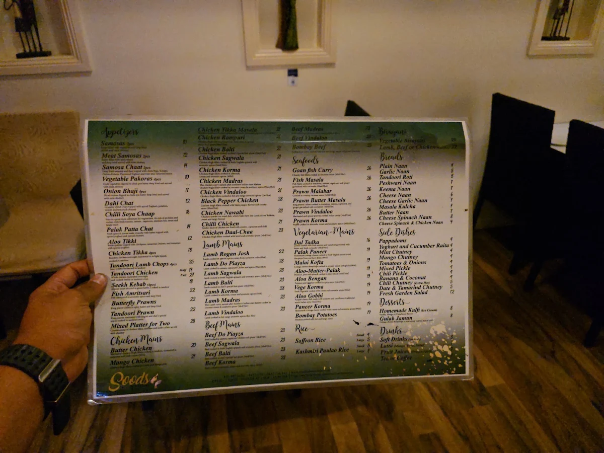 Menu, Sood's Indian Cuisine