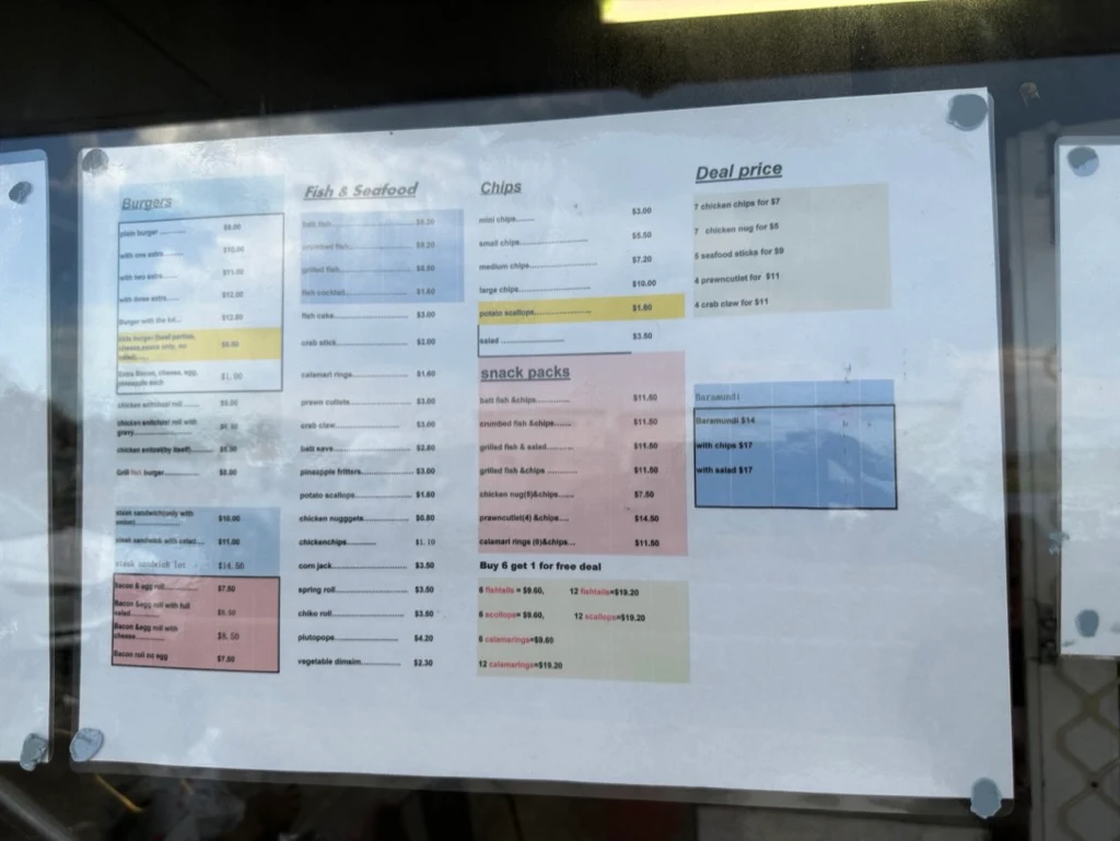 Menu, Pep's Takeaway