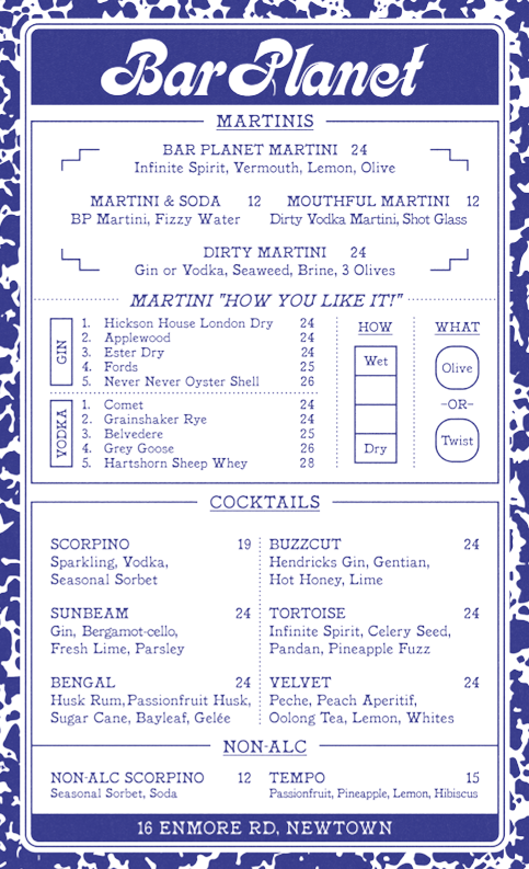 Menu, Bar Planet