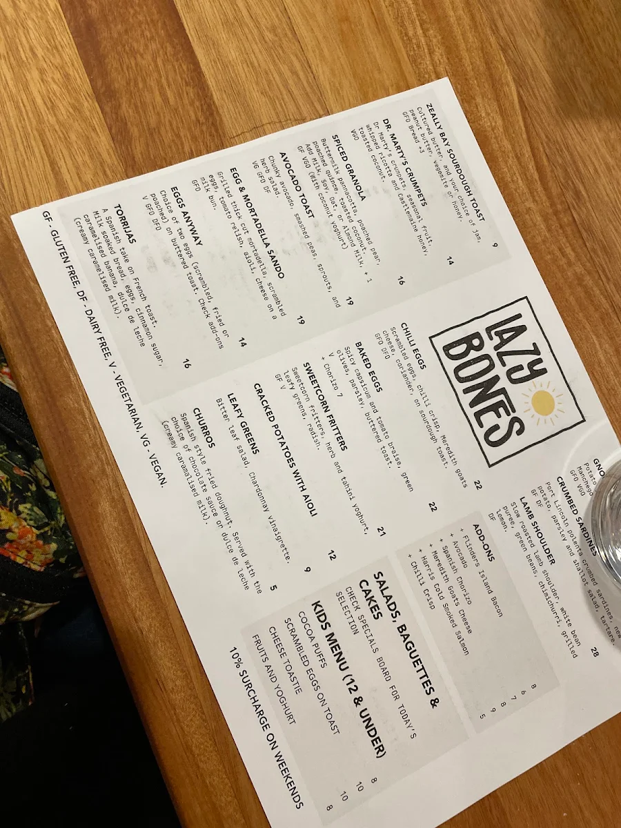 Menu, Lazy Bones Cafe