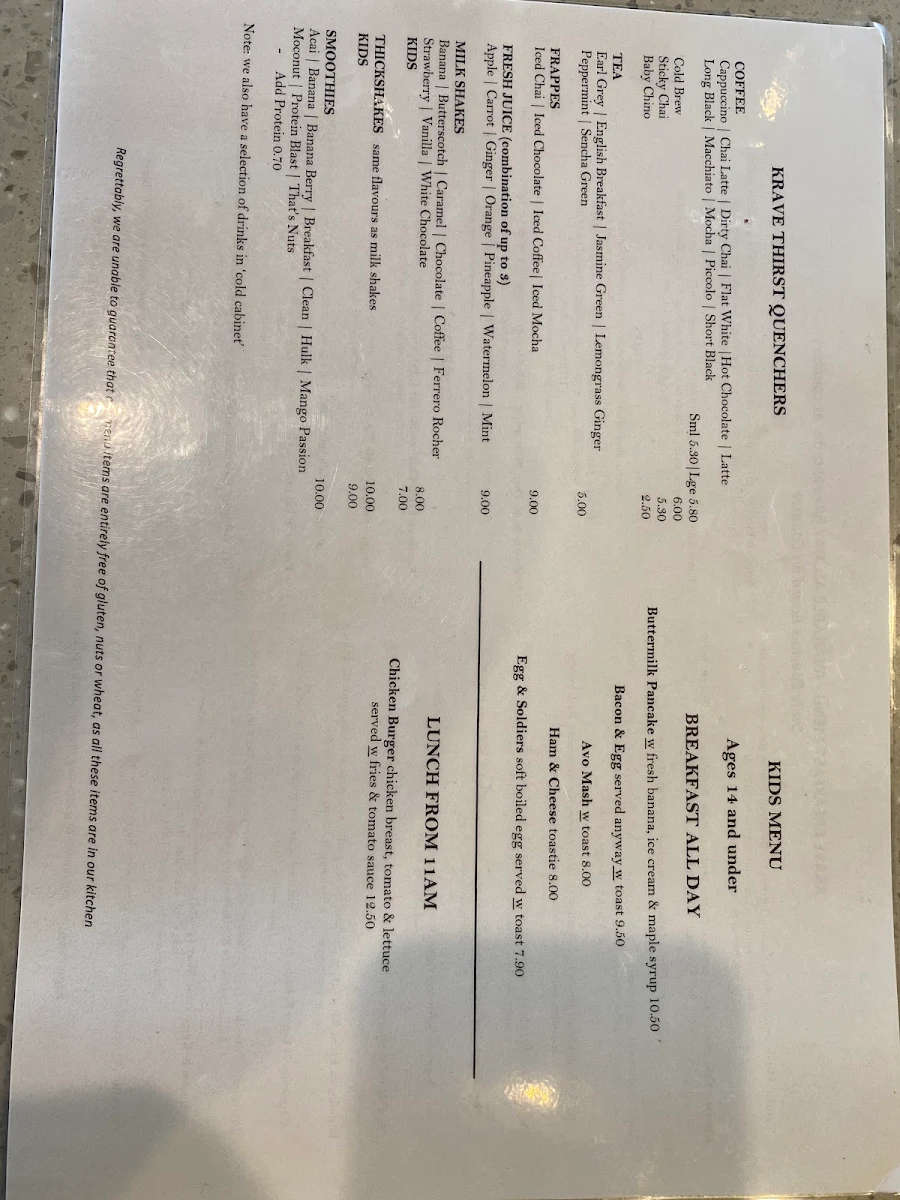 Menu, Kafe Krave