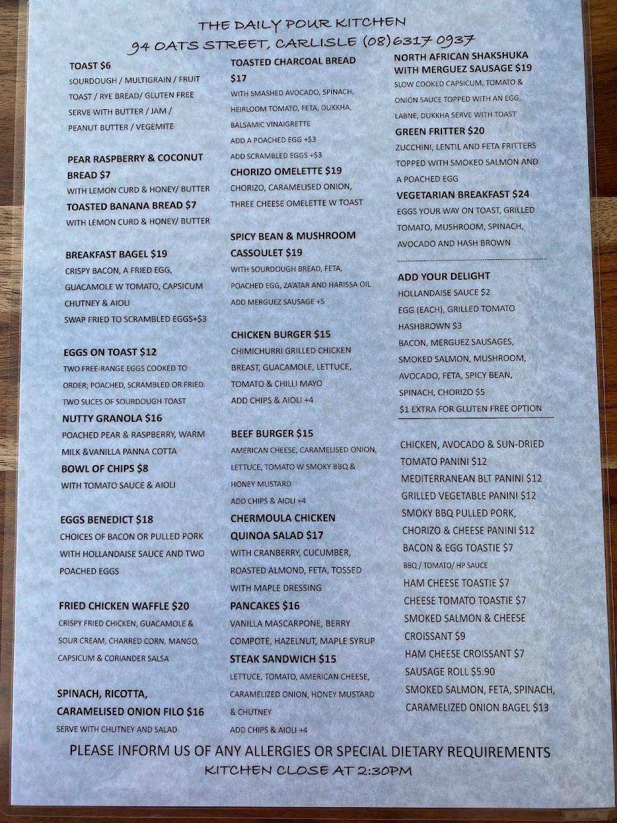 Menu, The Daily Pour Kitchen