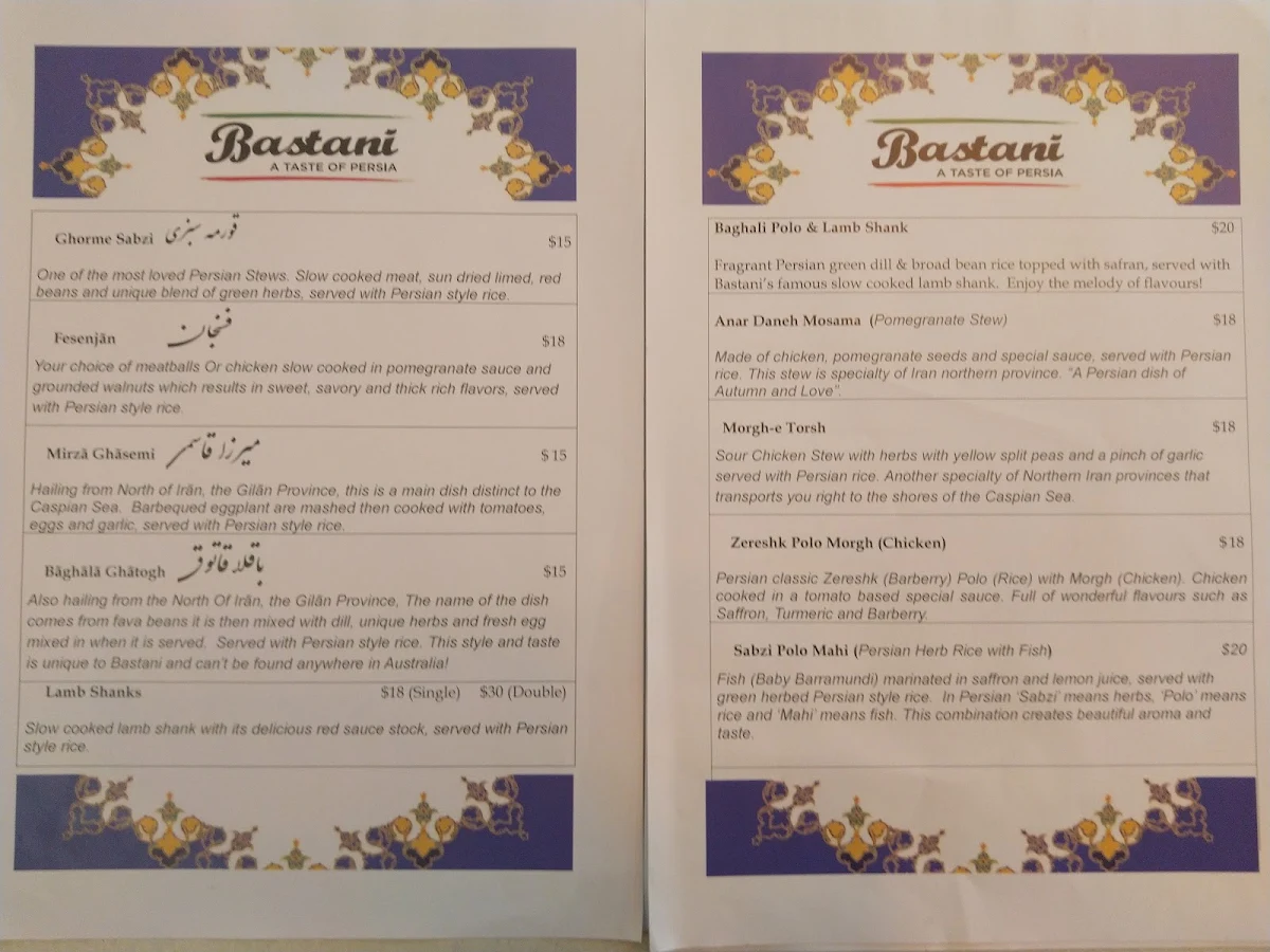 Menu, Bastani