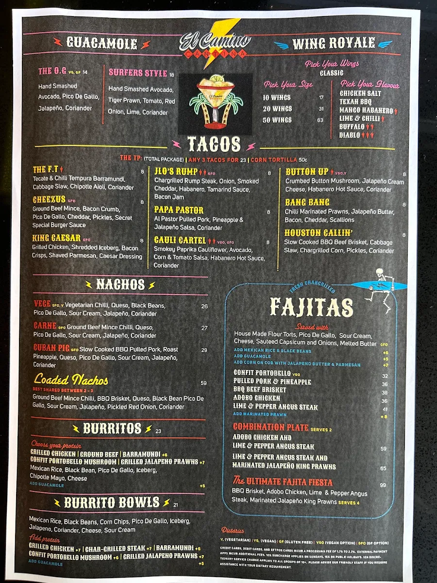Menu, El Camino Cantina Surfers Paradise