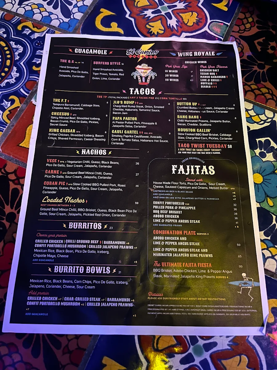 Menu, El Camino Cantina Surfers Paradise