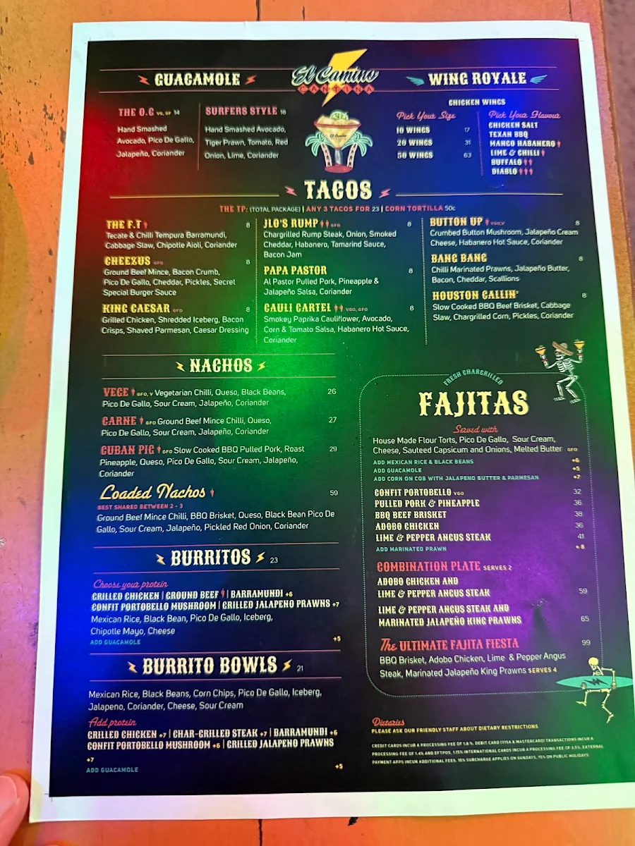 Menu, El Camino Cantina Surfers Paradise