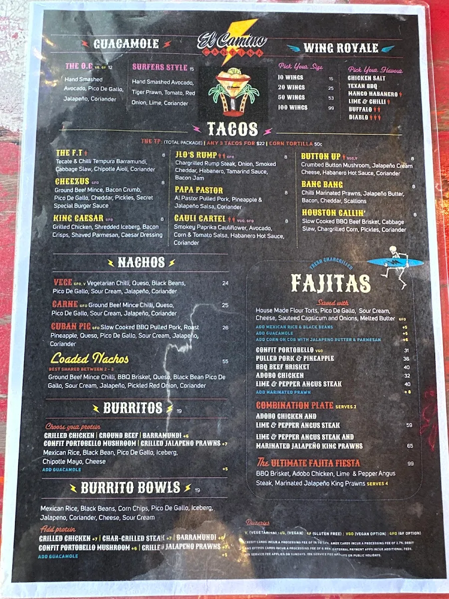 Menu, El Camino Cantina Surfers Paradise