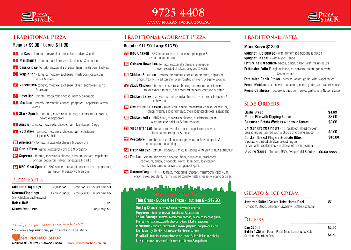Menu, Pizza Stack Pizza & Canteena Filipino