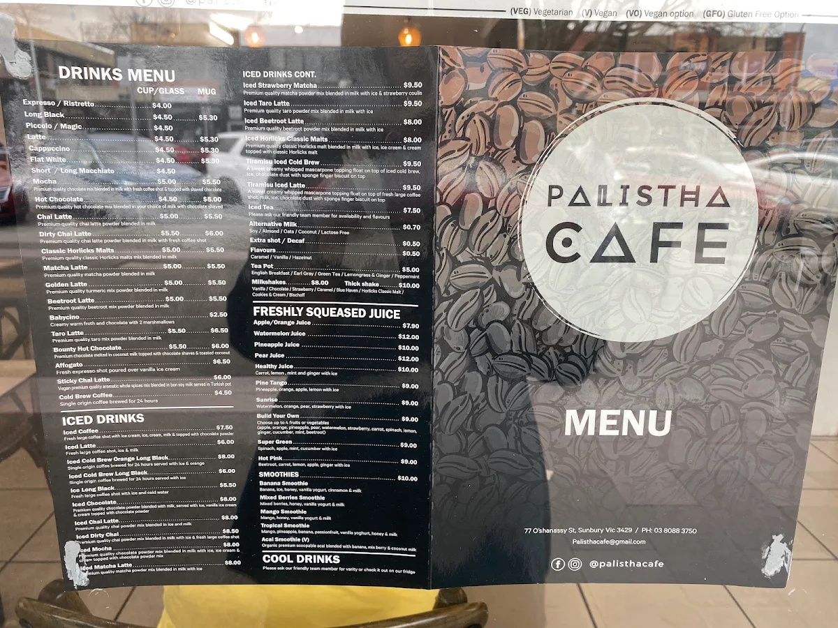Menu, Palistha cafe