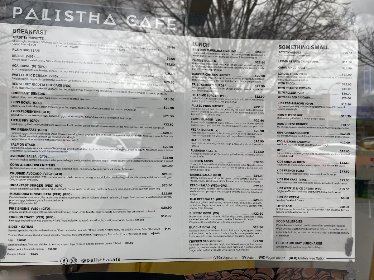 Menu, Palistha cafe