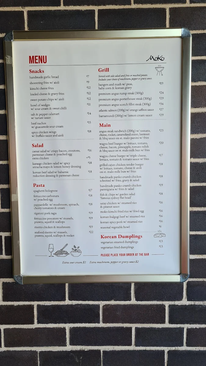 Menu, Eastwood Hotel