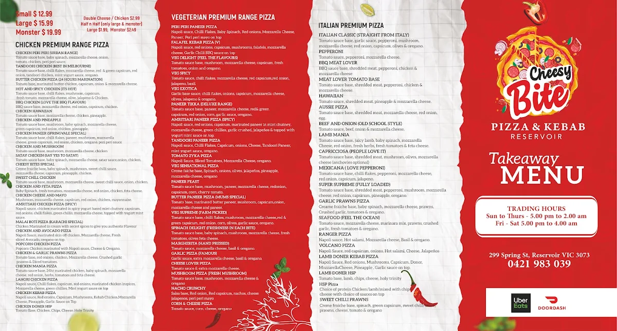 Menu, Cheesy Bite Pizza & Kebab - Reservoir
