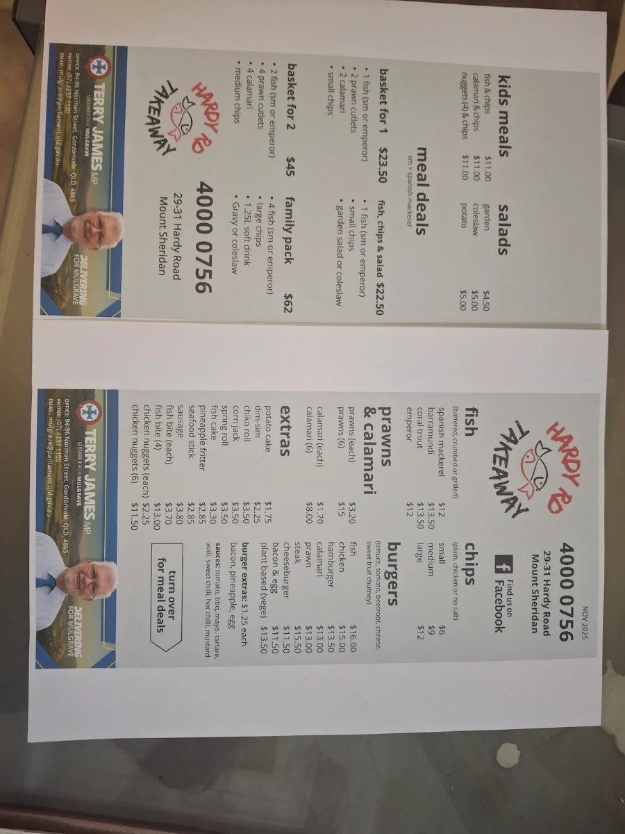 Menu, Hardy Road Takeaway