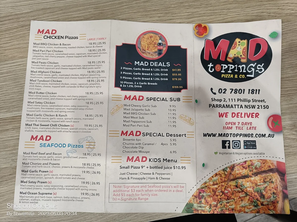 Menu, Madtoppings Parramatta