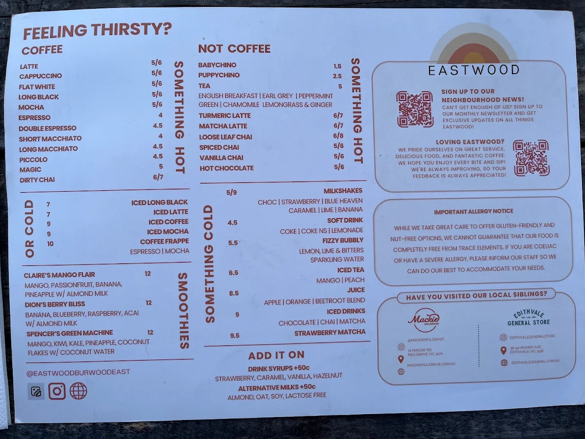 Menu, Eastwood