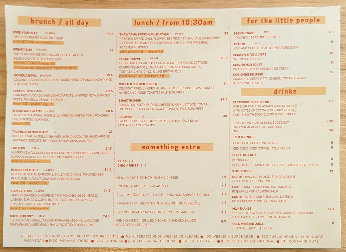 Menu, Eastwood