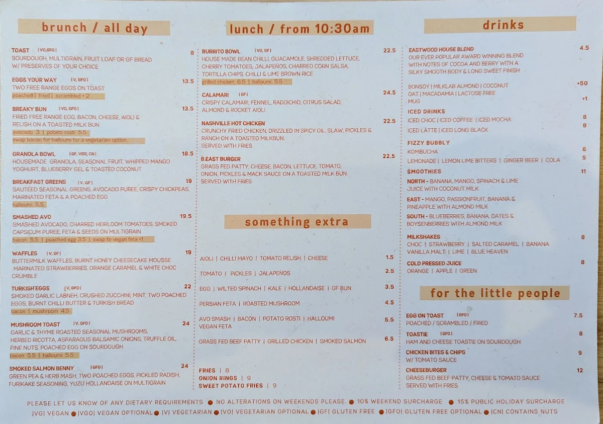 Menu, Eastwood