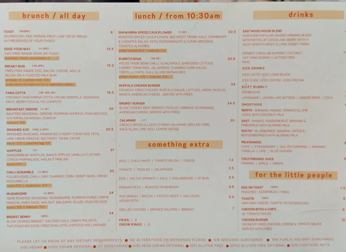 Menu, Eastwood