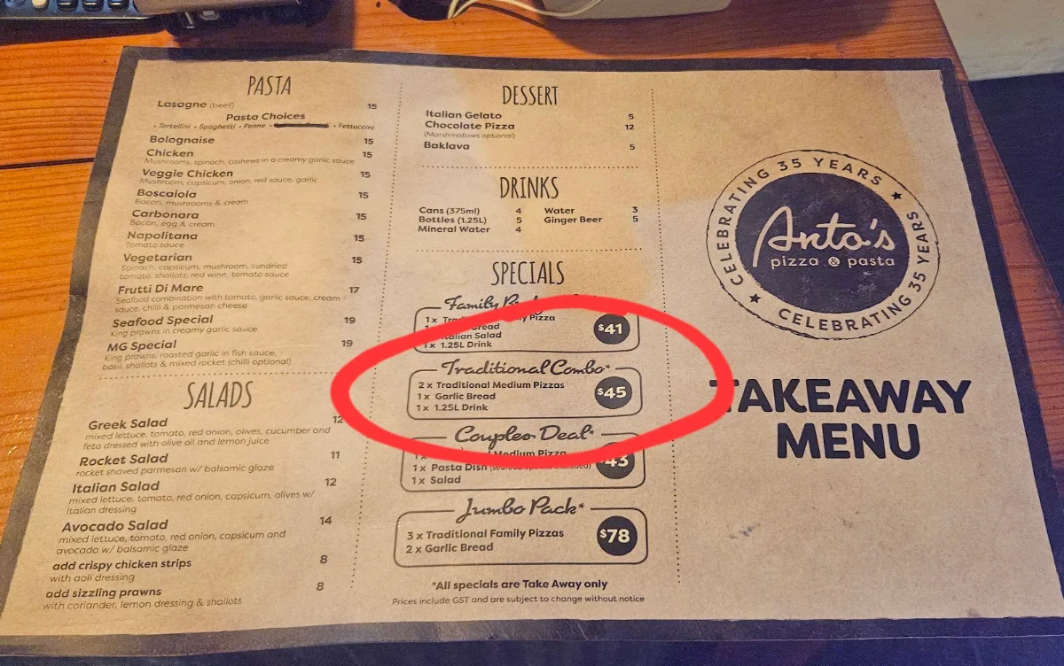 Menu, Antos Pizzeria & Pasta North Willoughby