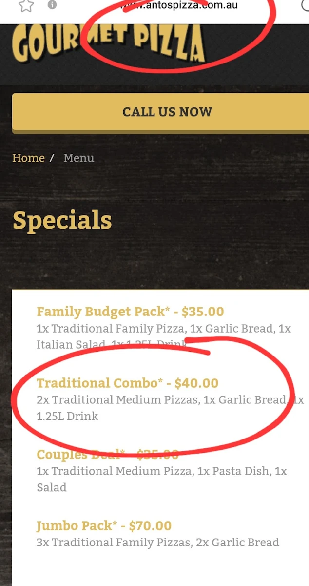 Menu, Antos Pizzeria & Pasta North Willoughby