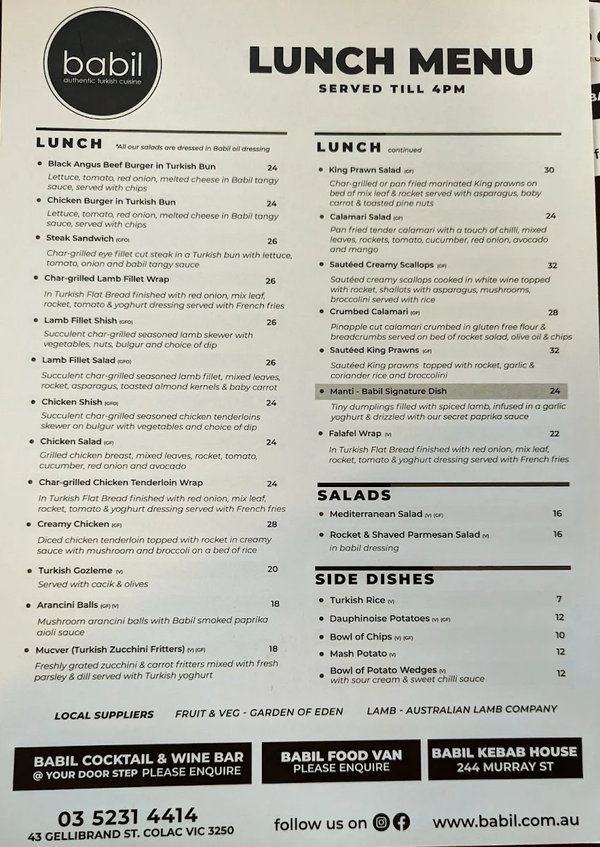 Menu, BabilOddfellows Restaurant