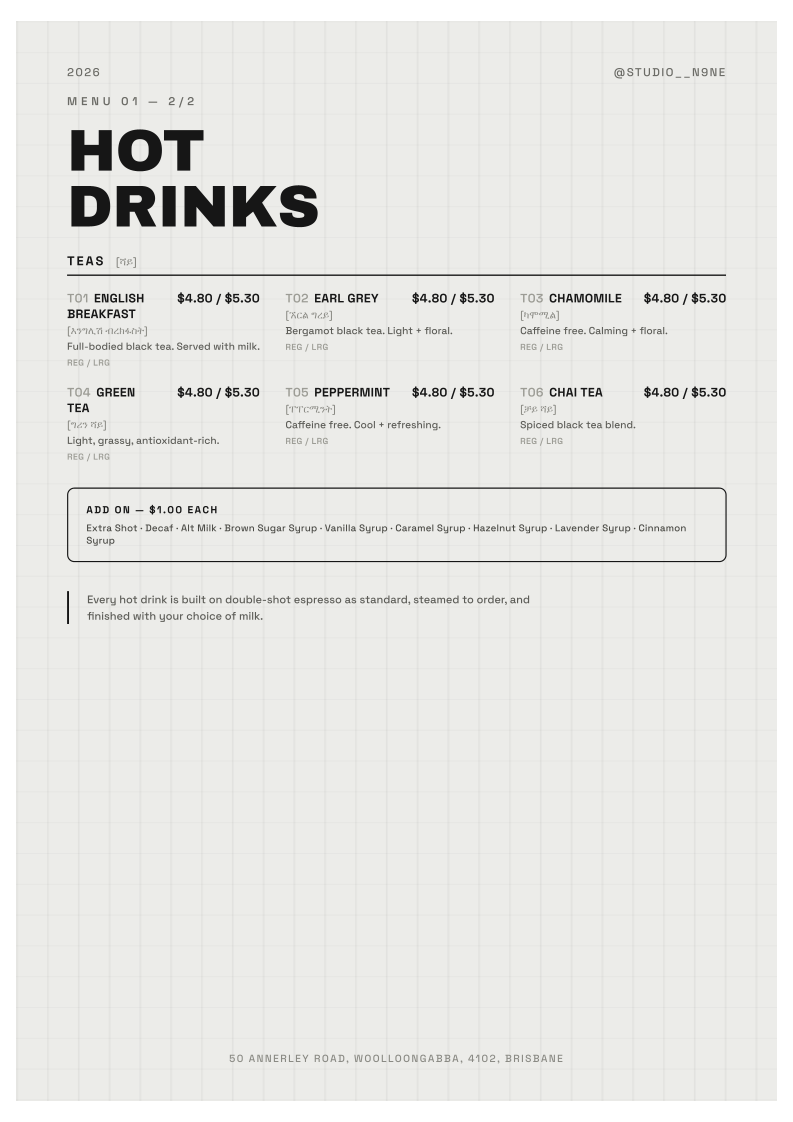Menu, Studio N9NE