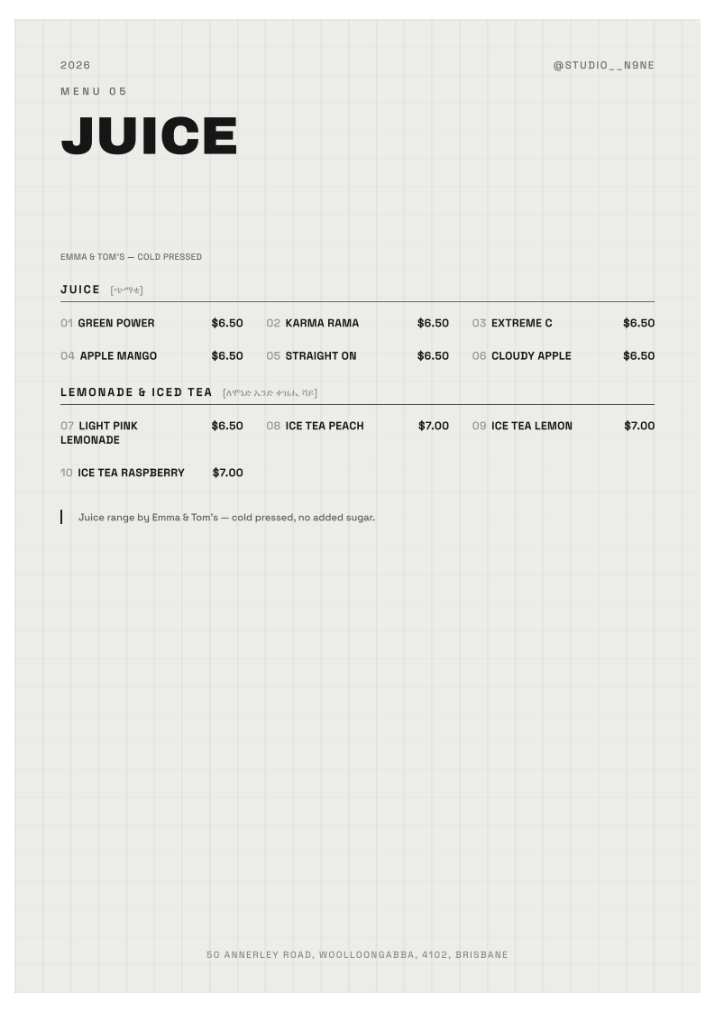 Menu, Studio N9NE