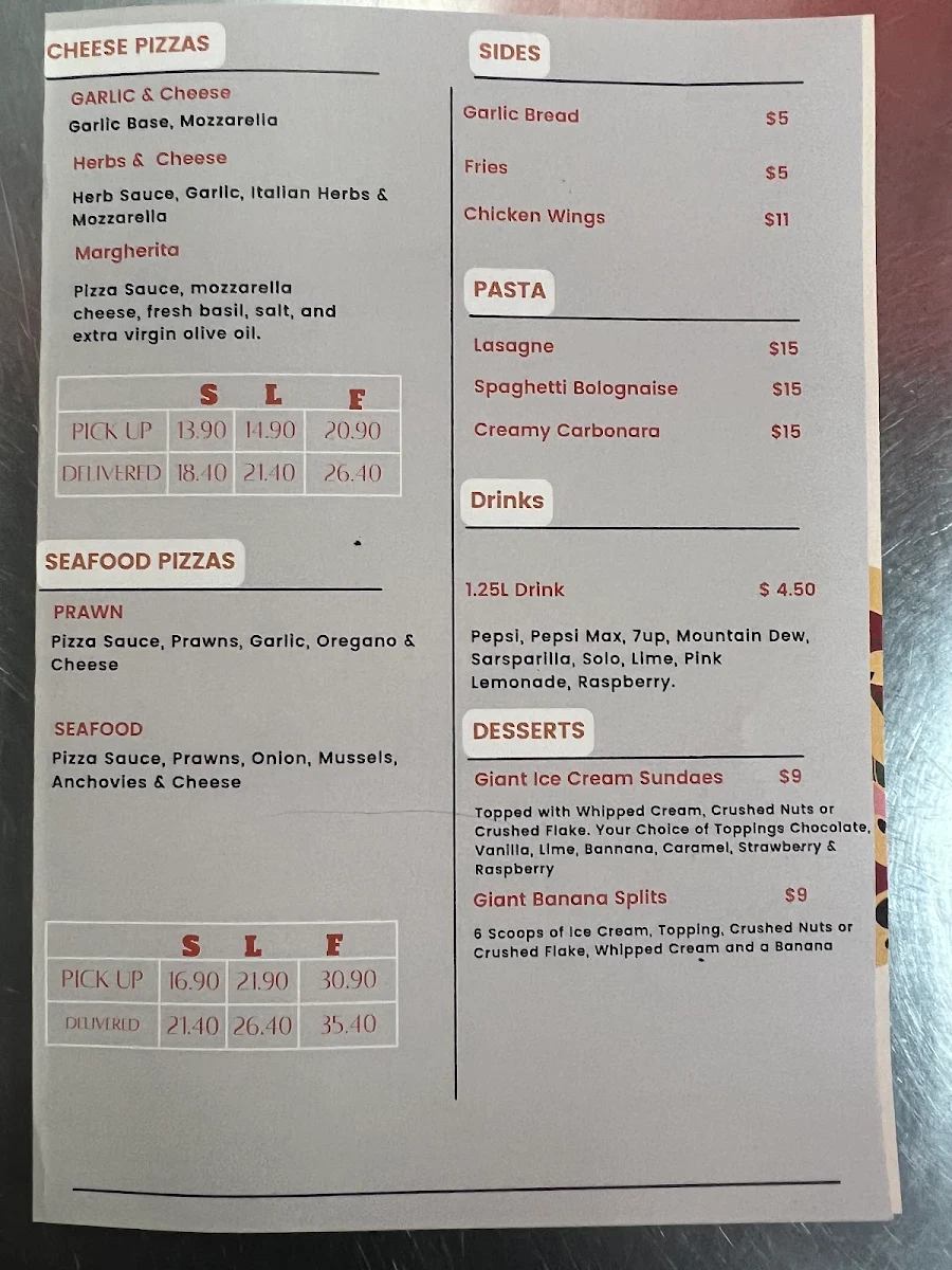 Menu, Jim’s Pizza