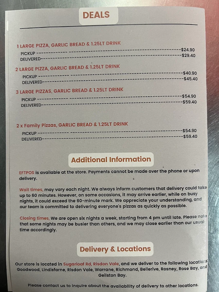 Menu, Jim’s Pizza