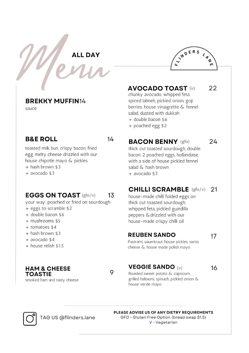 Menu, Flinders Lane Cafe