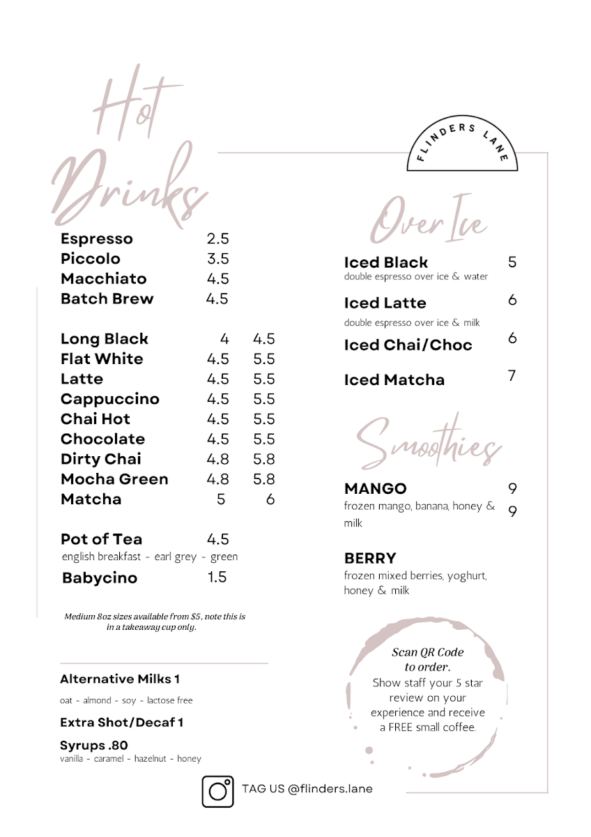 Menu, Flinders Lane Cafe