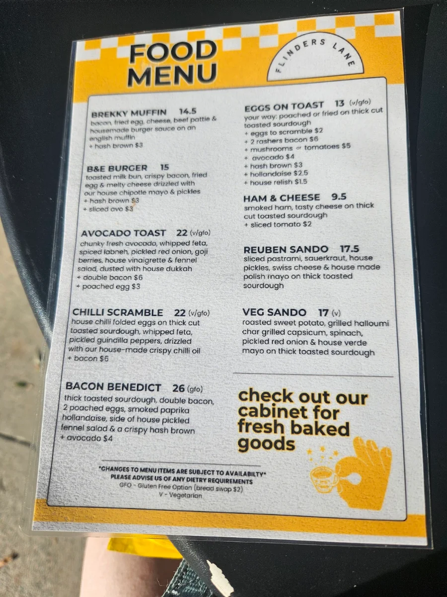 Menu, Flinders Lane Cafe