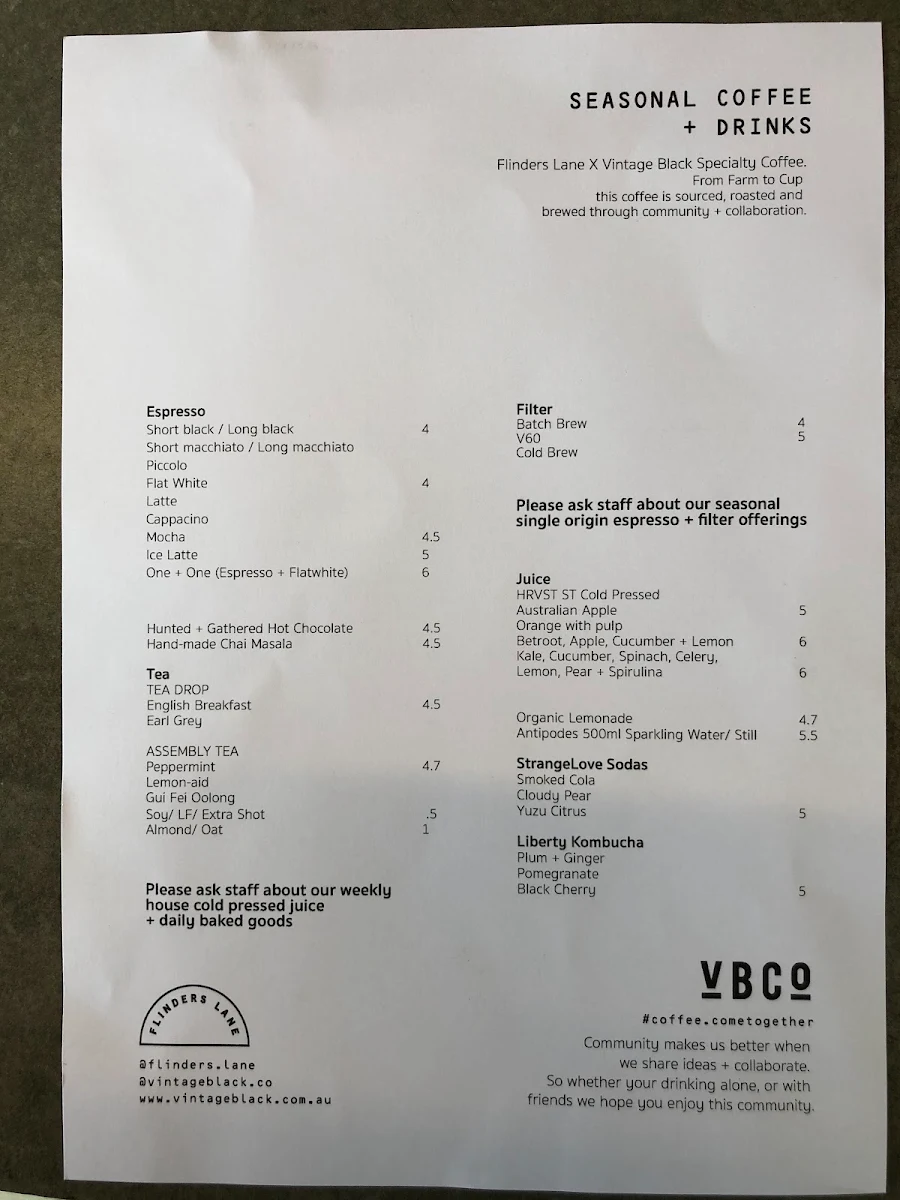 Menu, Flinders Lane Cafe