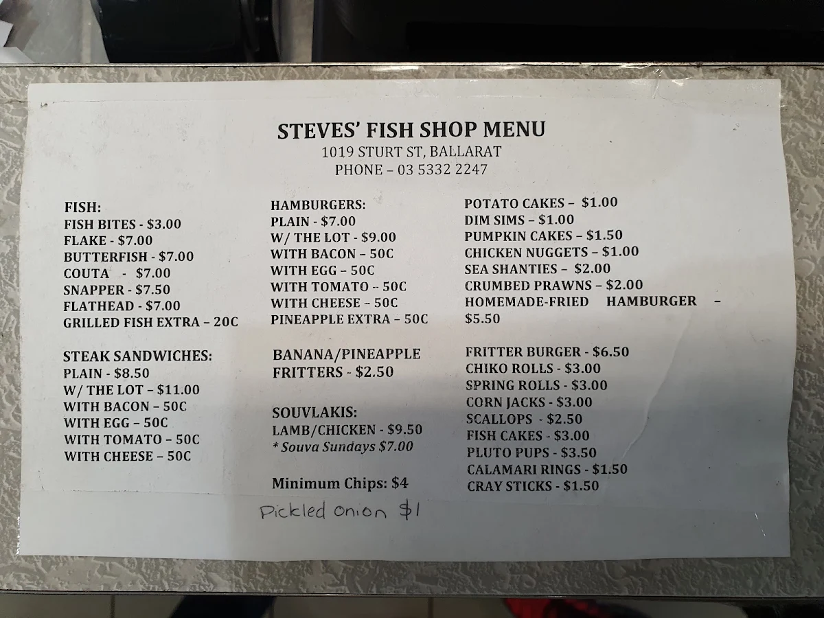Menu, Steve's Fish Shop