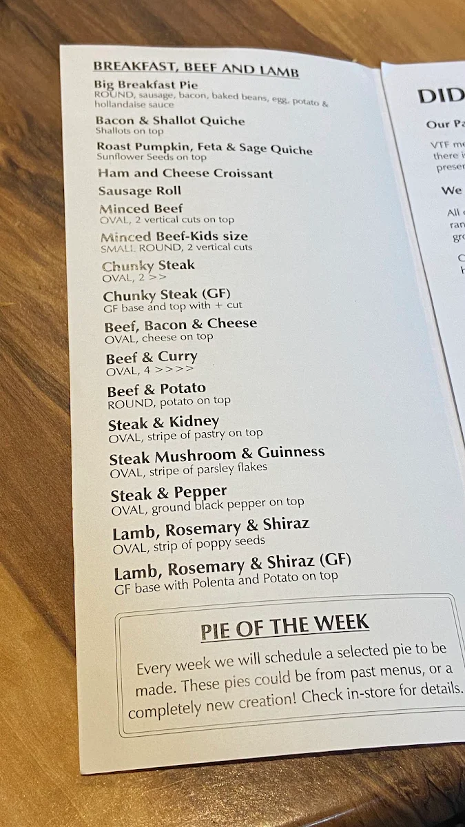 Menu, Mountain High Pies