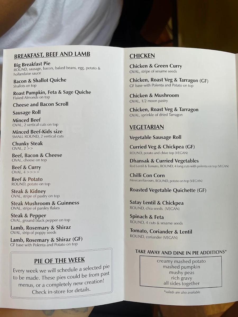 Menu, Mountain High Pies