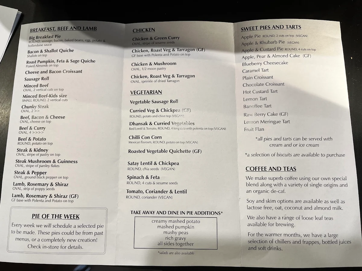 Menu, Mountain High Pies
