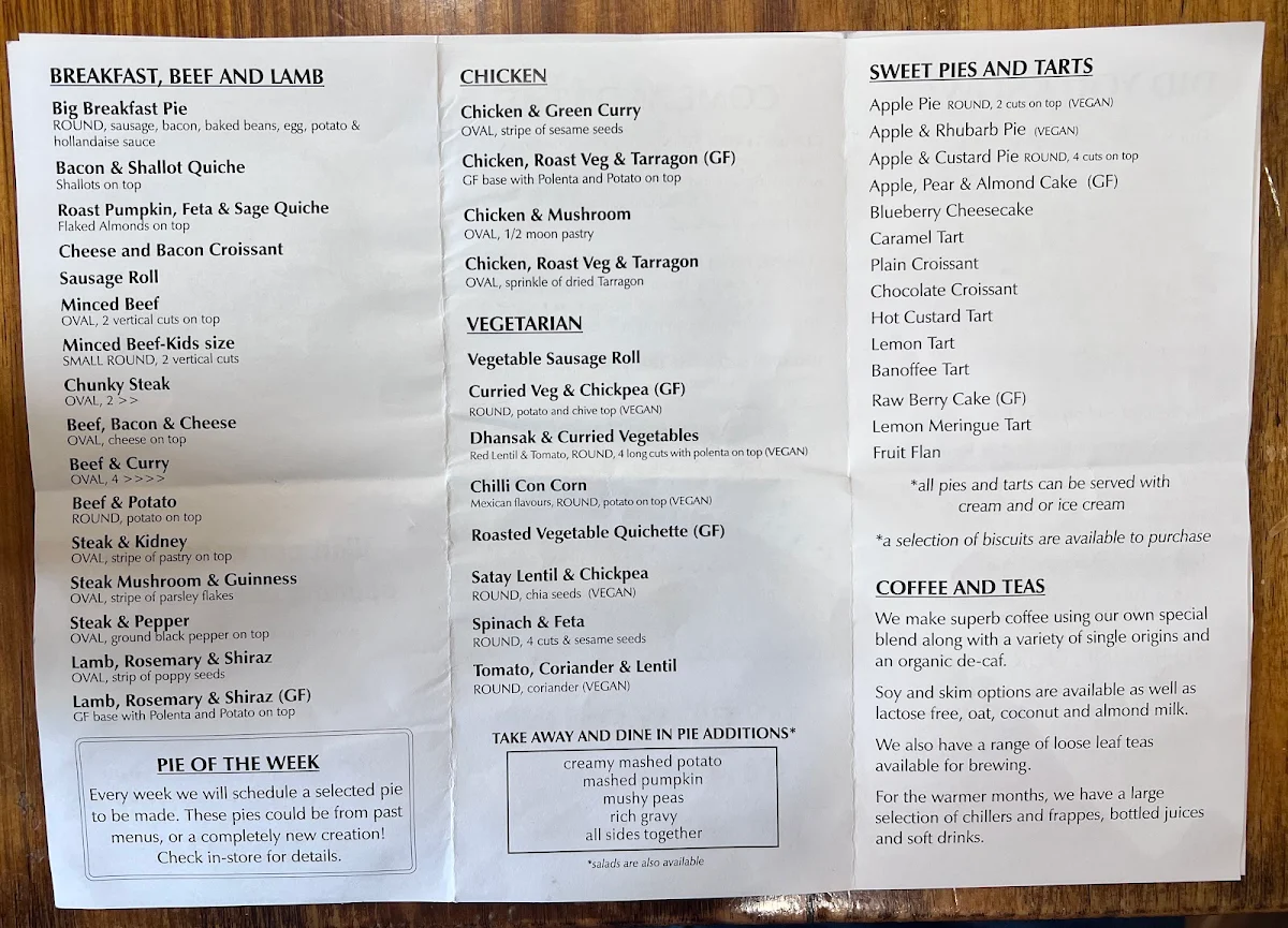Menu, Mountain High Pies