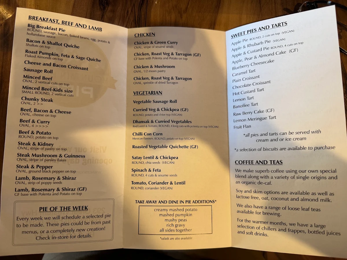 Menu, Mountain High Pies