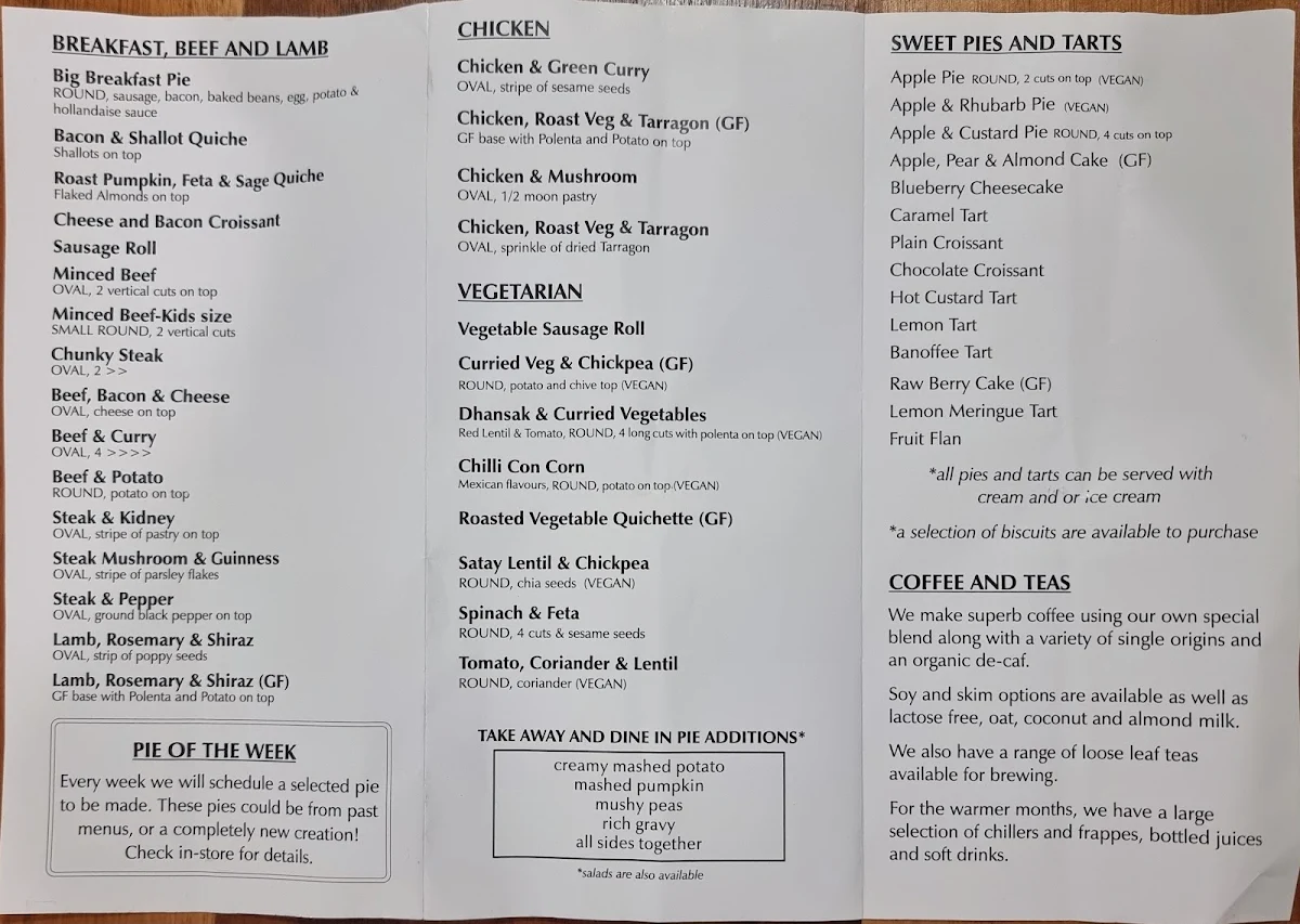 Menu, Mountain High Pies