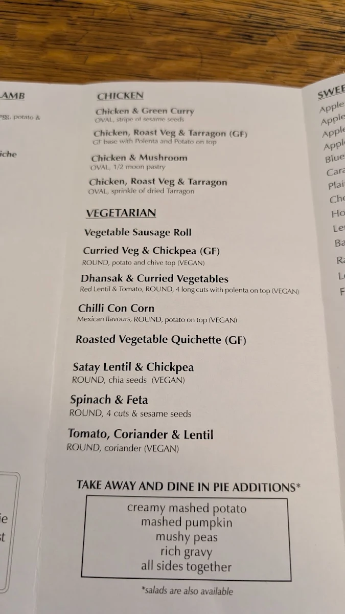 Menu, Mountain High Pies