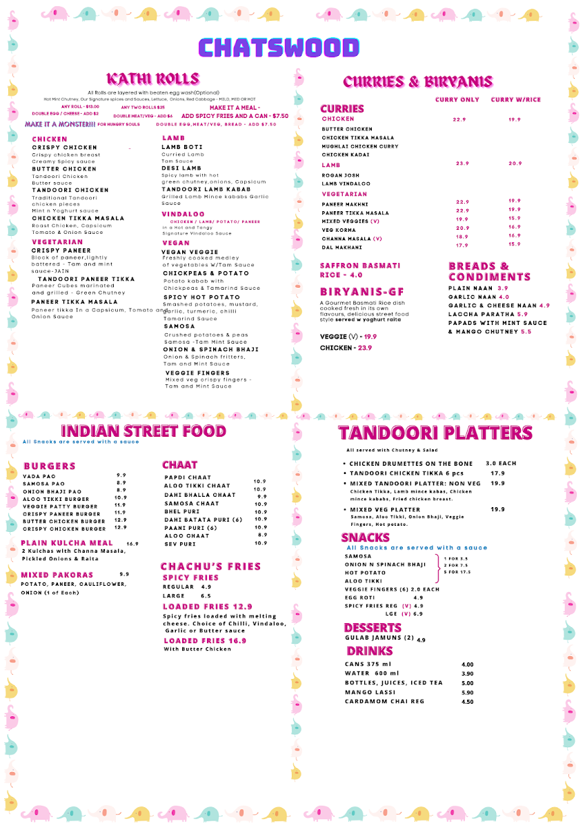 Menu, Chachu's Chatswood