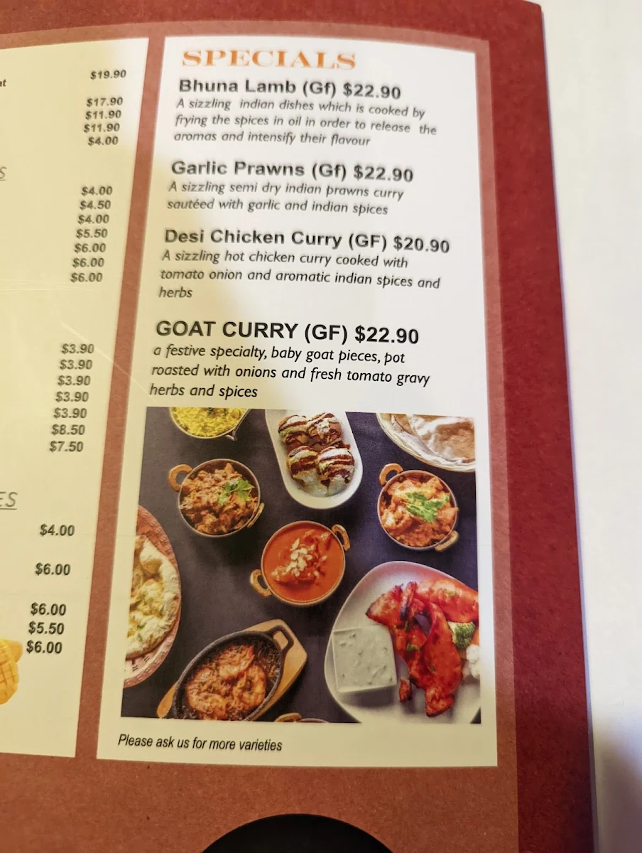 Menu, Majestic Indian Sutherland