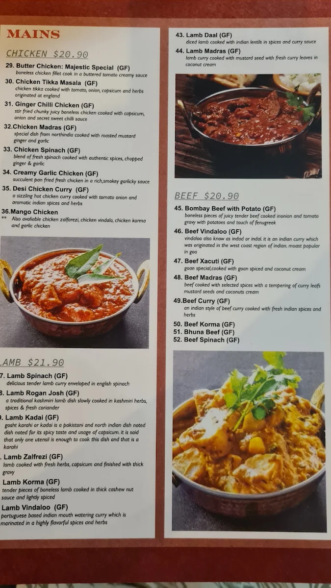 Menu, Majestic Indian Sutherland