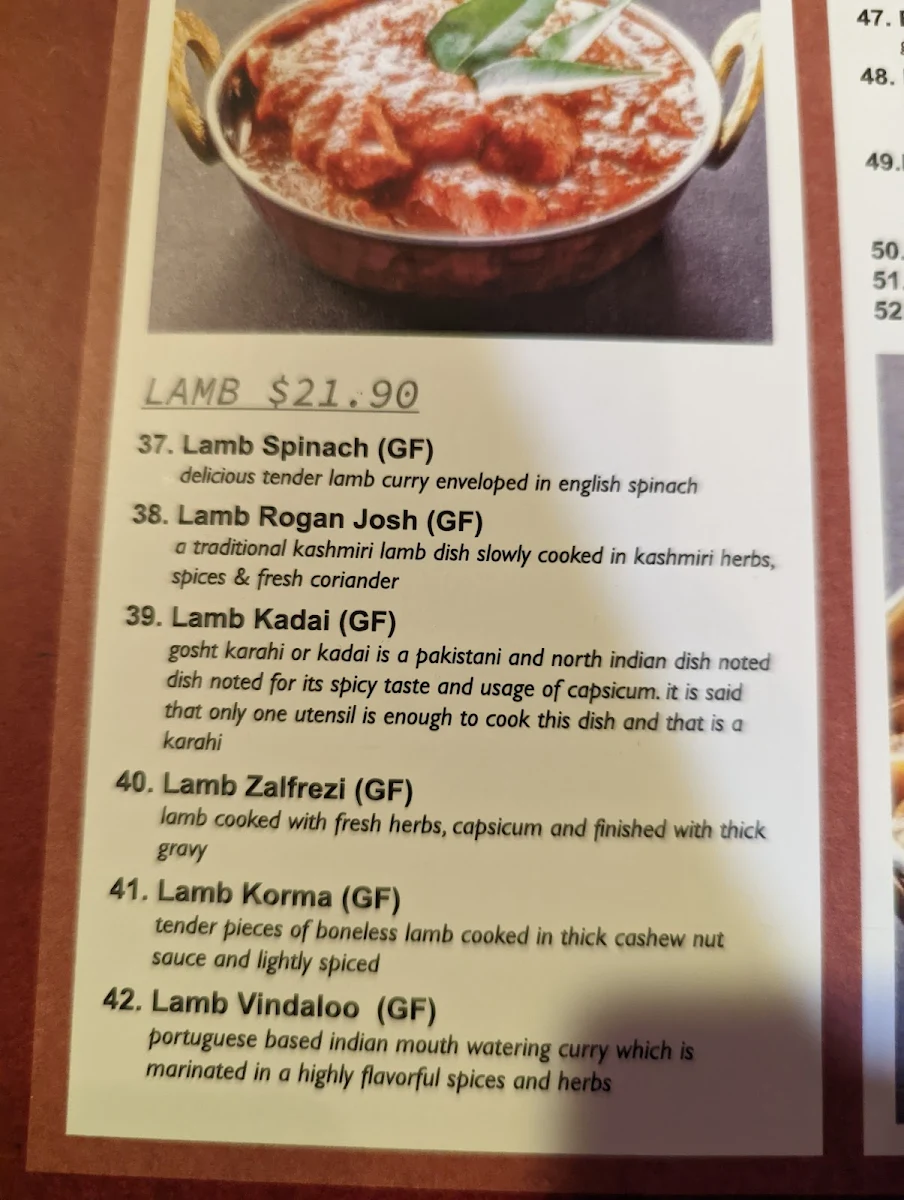 Menu, Majestic Indian Sutherland