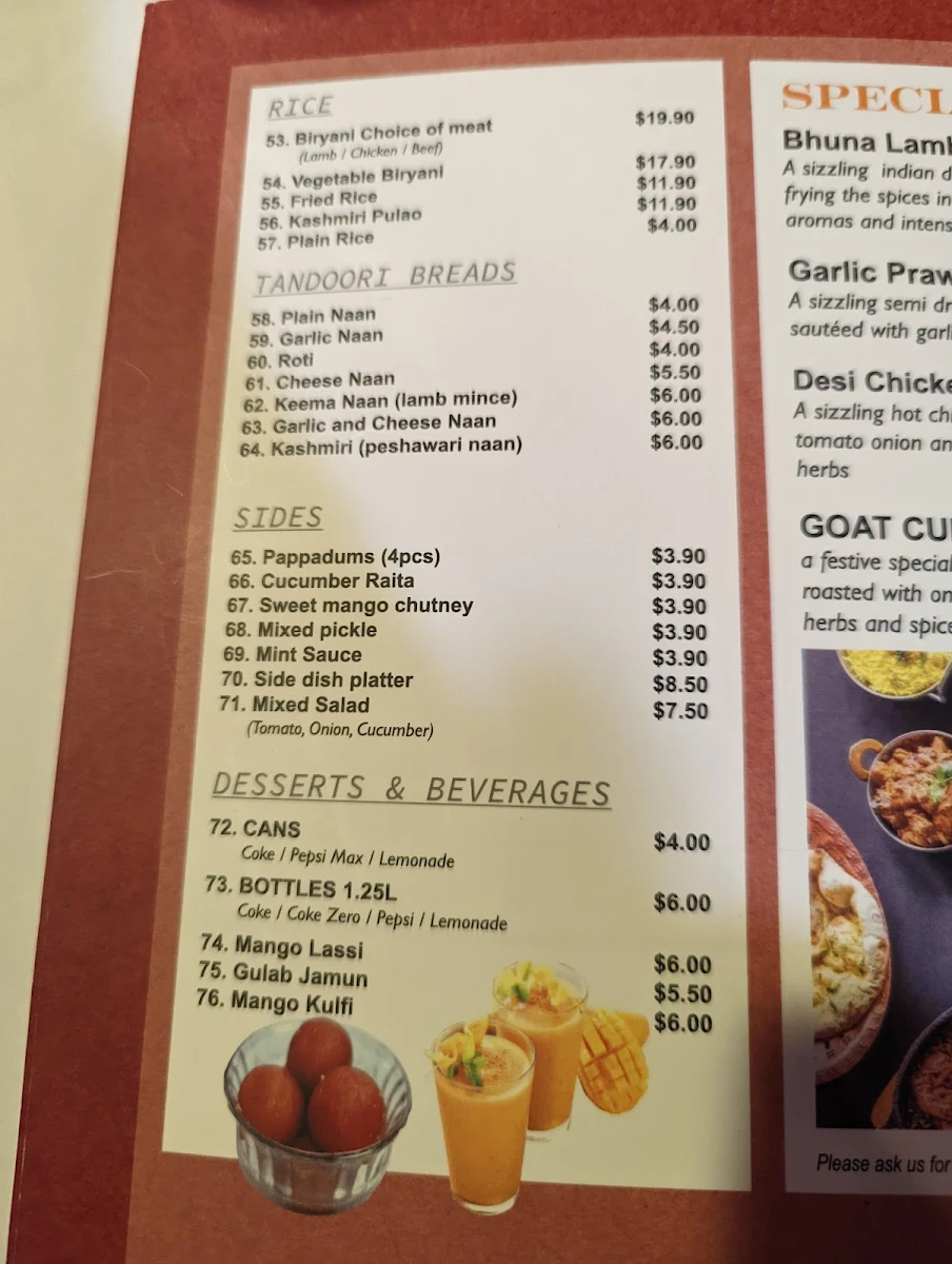 Menu, Majestic Indian Sutherland